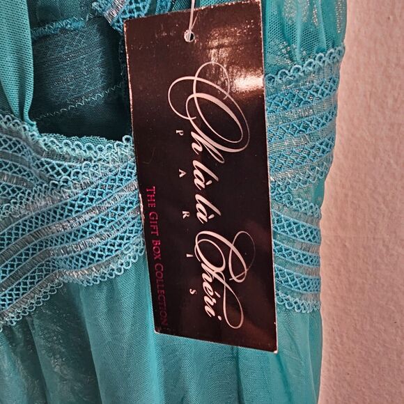 NWT Oh La La Cheri Fanfare Aqua Babydoll Lingerie Nighty Detail & G-String OS - Picture 6 of 10